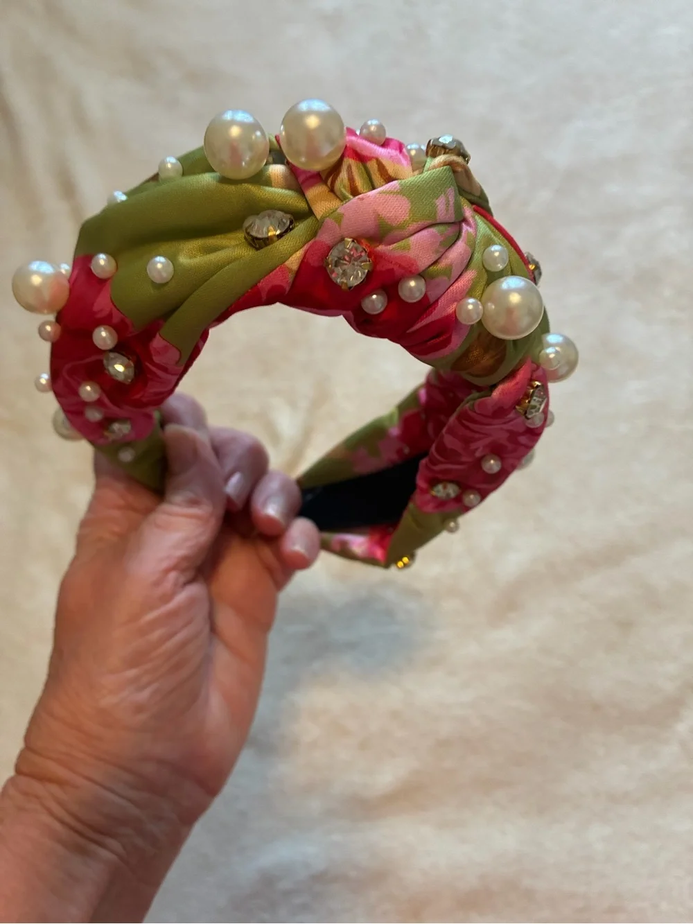 Embellished Floral Pearl Headband - Pink & Green NWOT